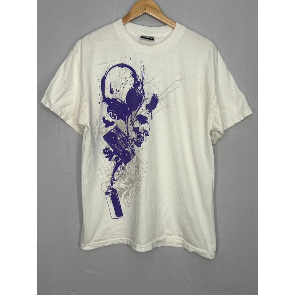 Headphones Skull Spray Graphic T-Shirt Mens White Short Sleeve Large Hybrid